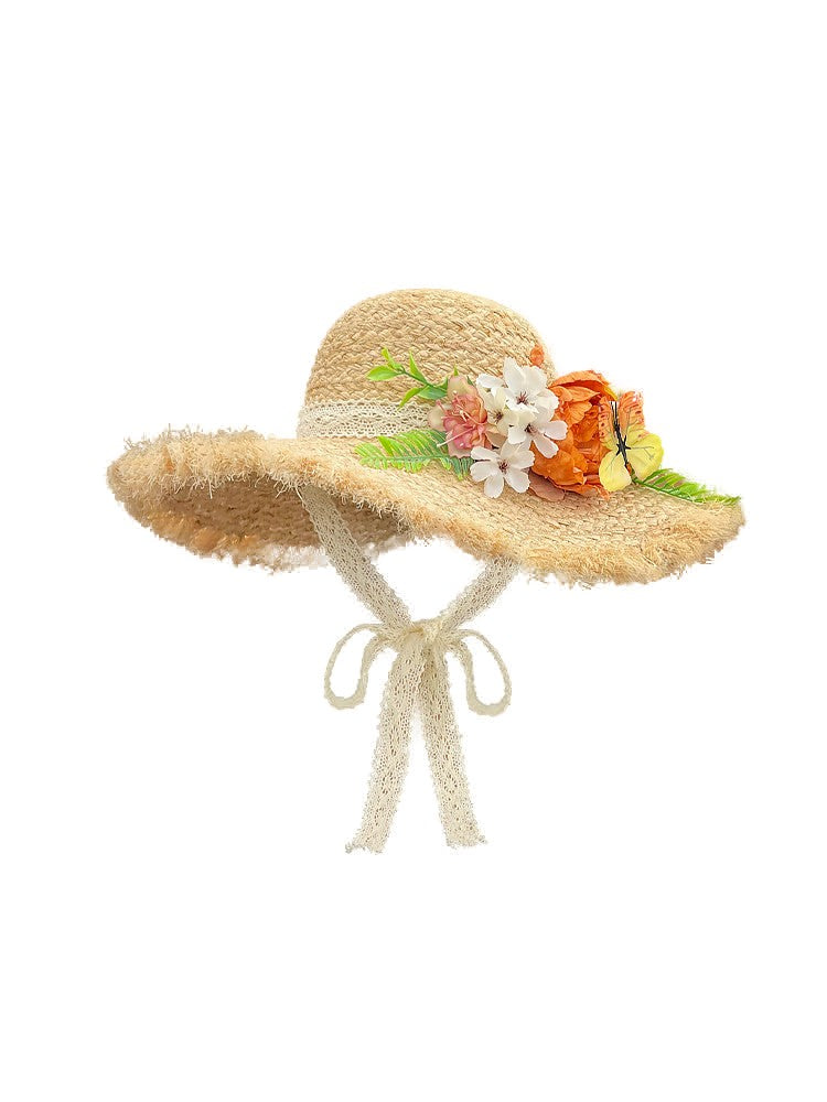 Women's Wide Brim Frayed Edge Raffia Straw Sun Hat with Floral and Butterfly Decoration, Tie Straps