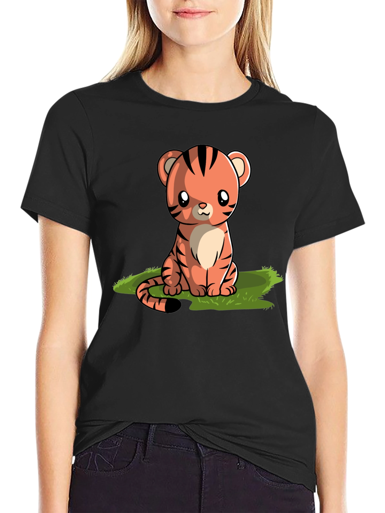 Cute Cartoon Tiger Graphic Tee - Black T-Shirt