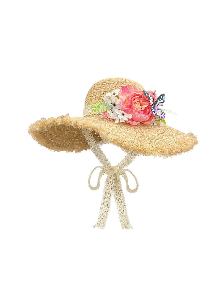 Women's Floral Butterfly Frayed Wide Brim Straw Sun Hat with Chin Strap