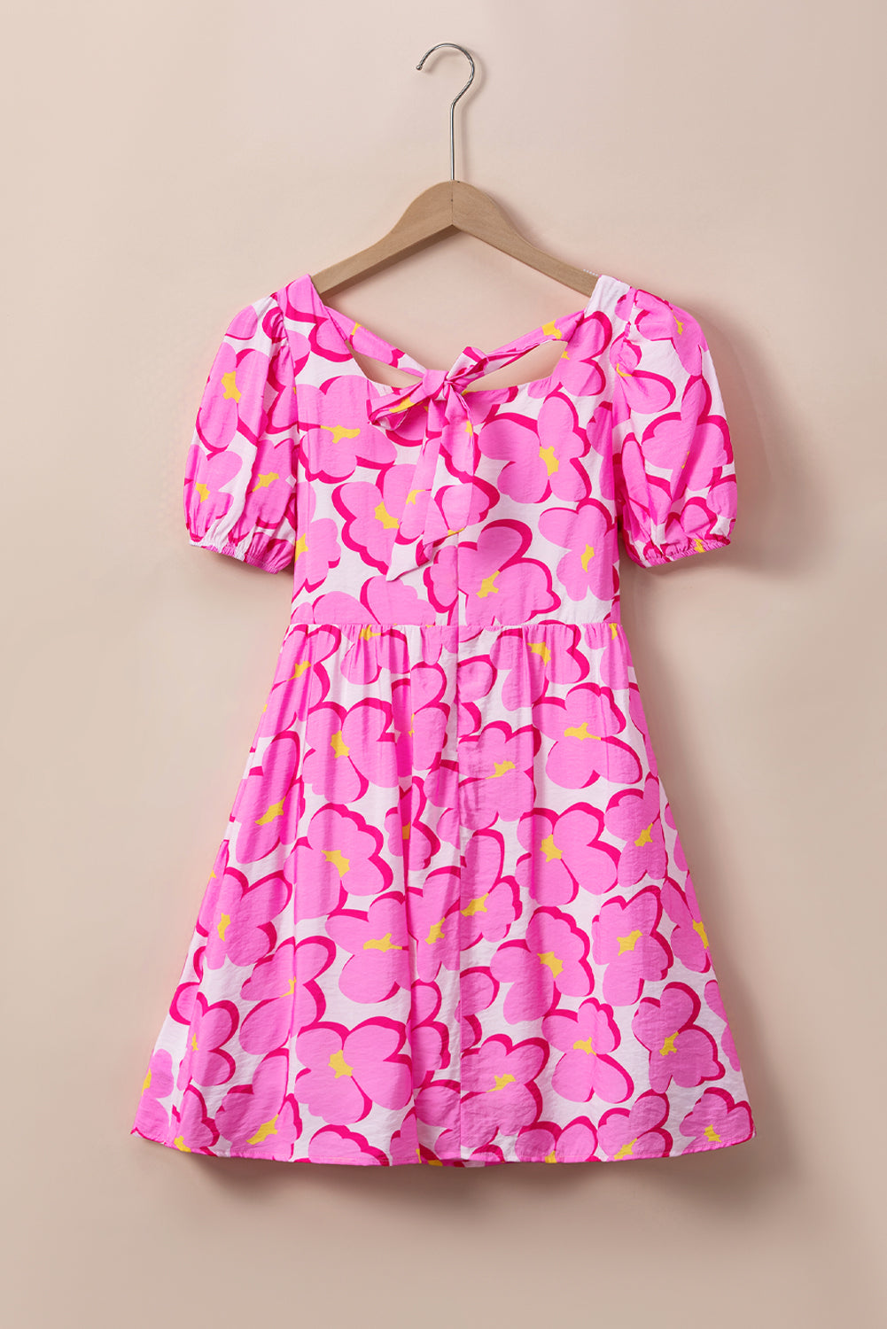 Rose Floral Print Square Neck Empire Waist Flowy Dress