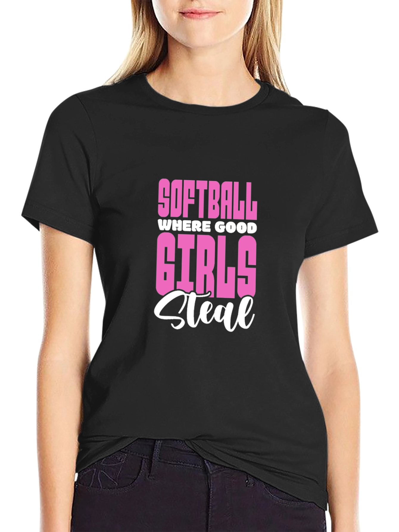 Softball Girls Steal Graphic Tee - Black