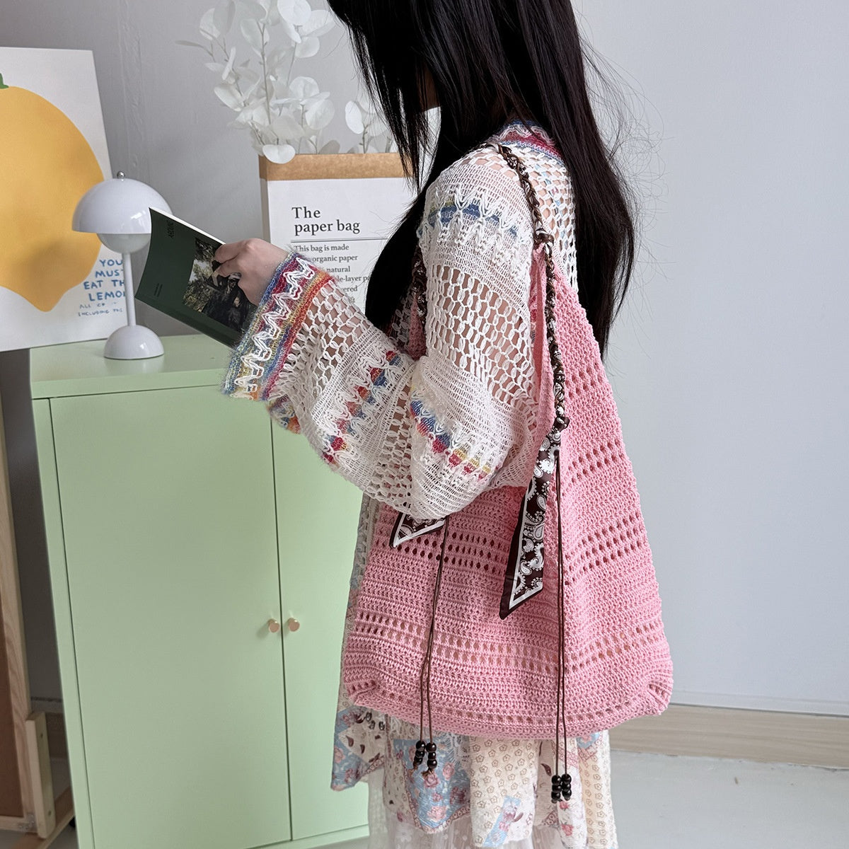 Bohemian Crochet Beach Tote - Summer Knitted Shoulder Bag