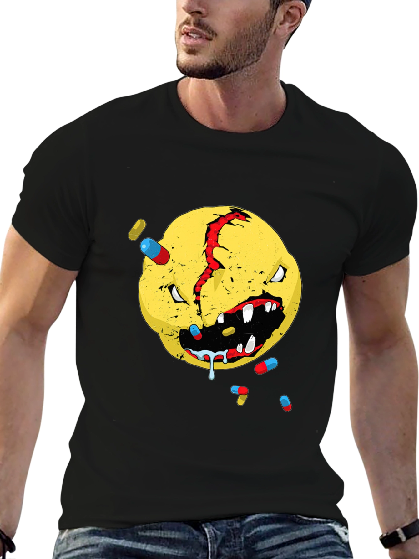 Distressed Smiley Face Graphic T-Shirt