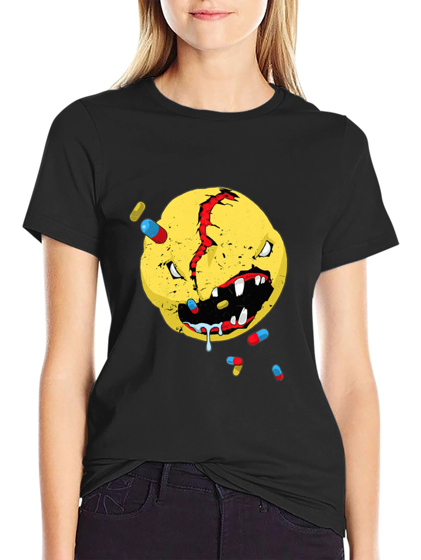 Distressed Smiley Face Graphic T-Shirt