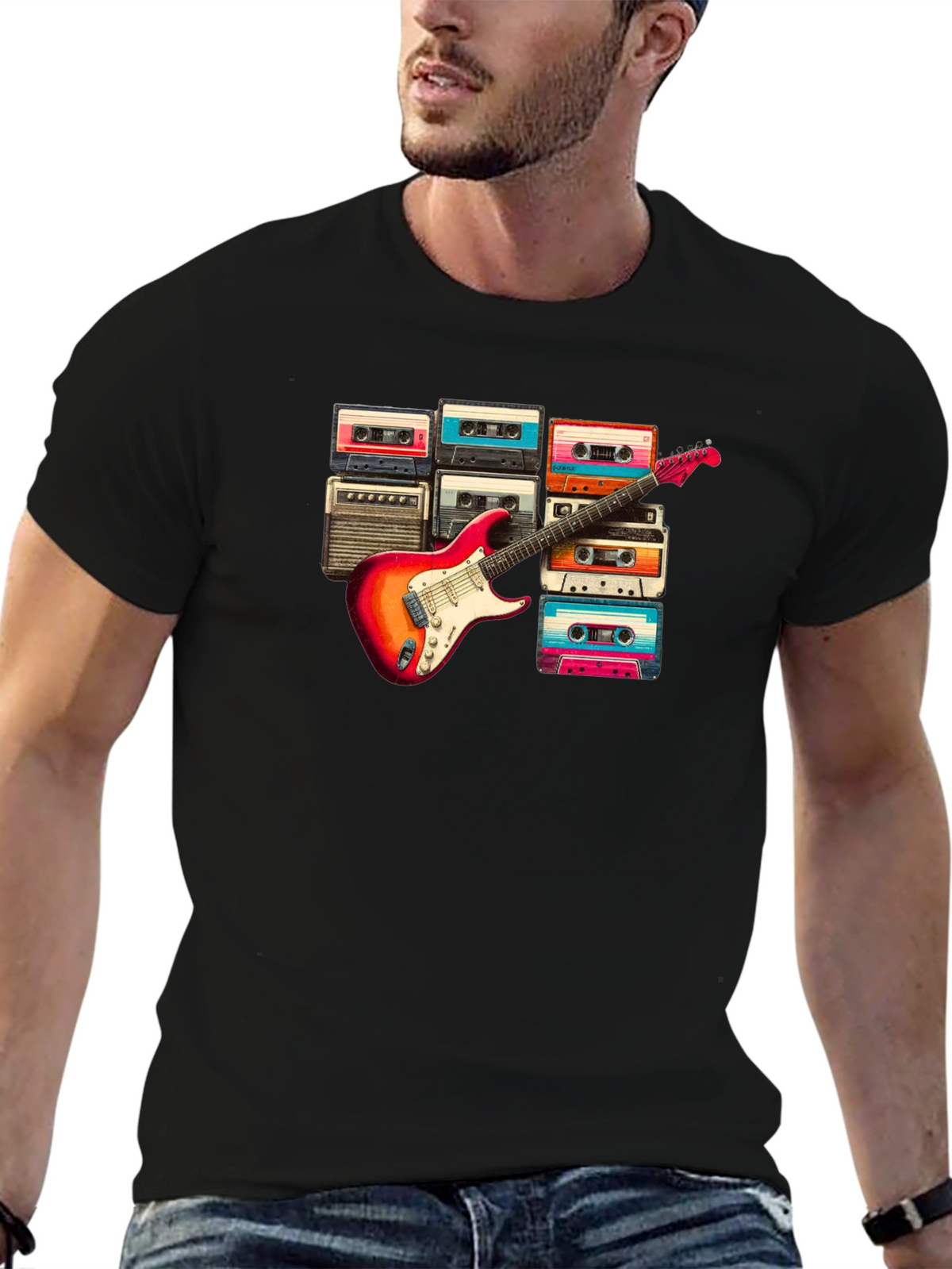 Retro Music T-Shirt - Guitar & Cassette Design