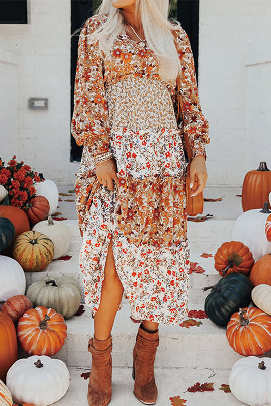 Khaki Floral Print Ruffled Tiered Long Sleeve V Neck Midi Dress