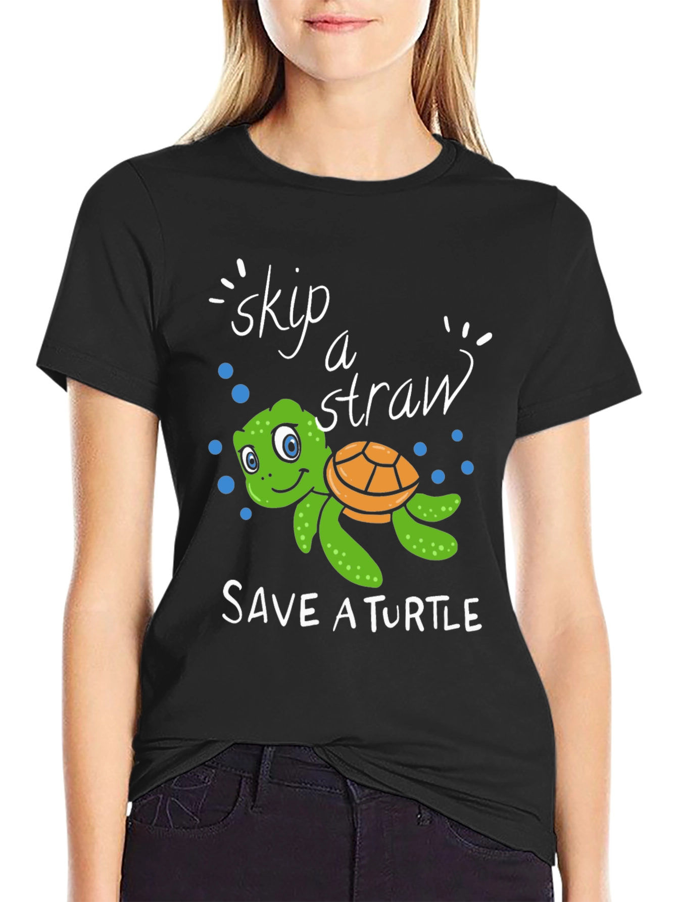 Skip A Straw Save A Turtle Black T-Shirt