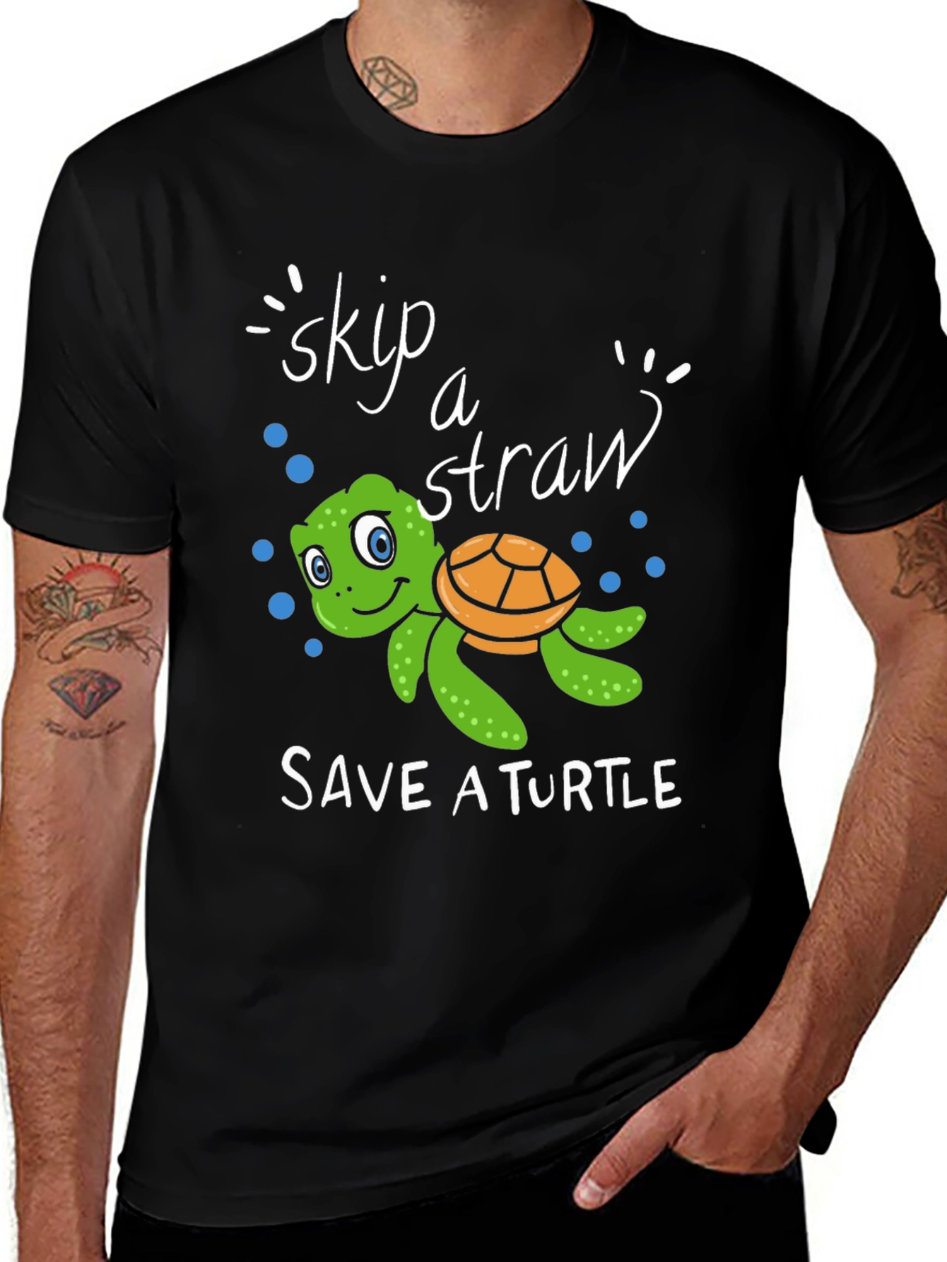 Skip A Straw Save A Turtle Black T-Shirt