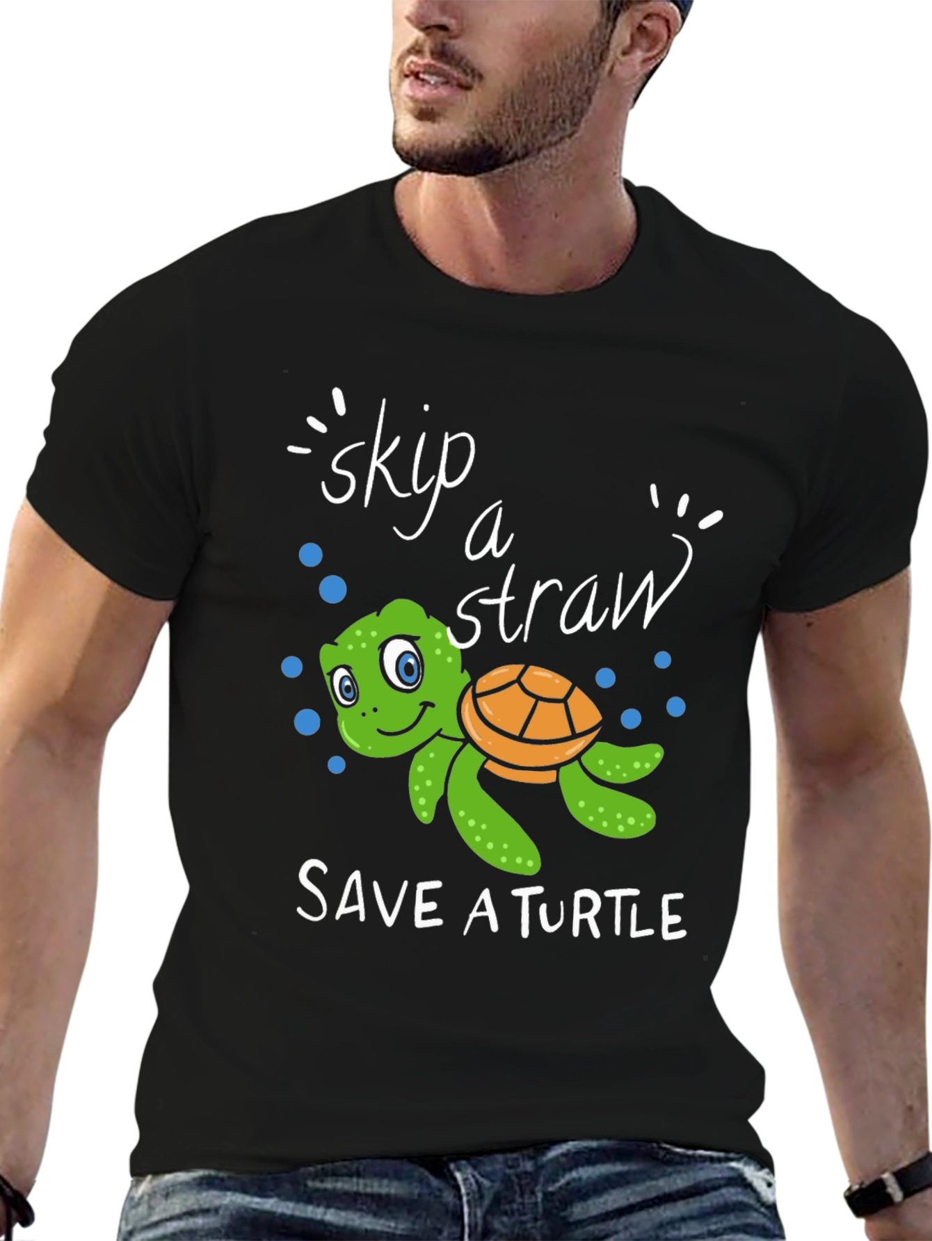 Skip A Straw Save A Turtle Black T-Shirt