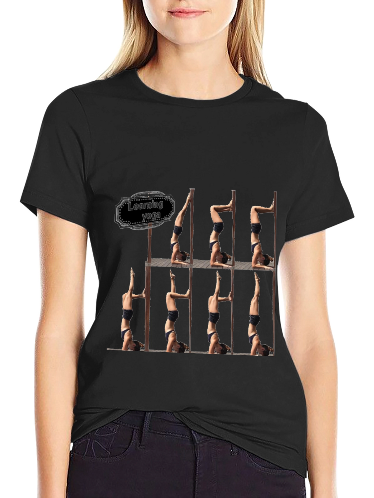 Learning Yoga Black T-Shirt - Headstand Pose