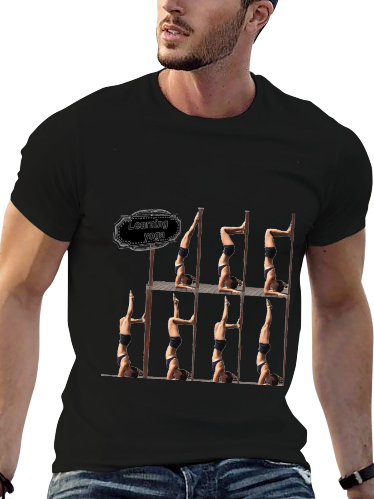 Learning Yoga Black T-Shirt - Headstand Pose