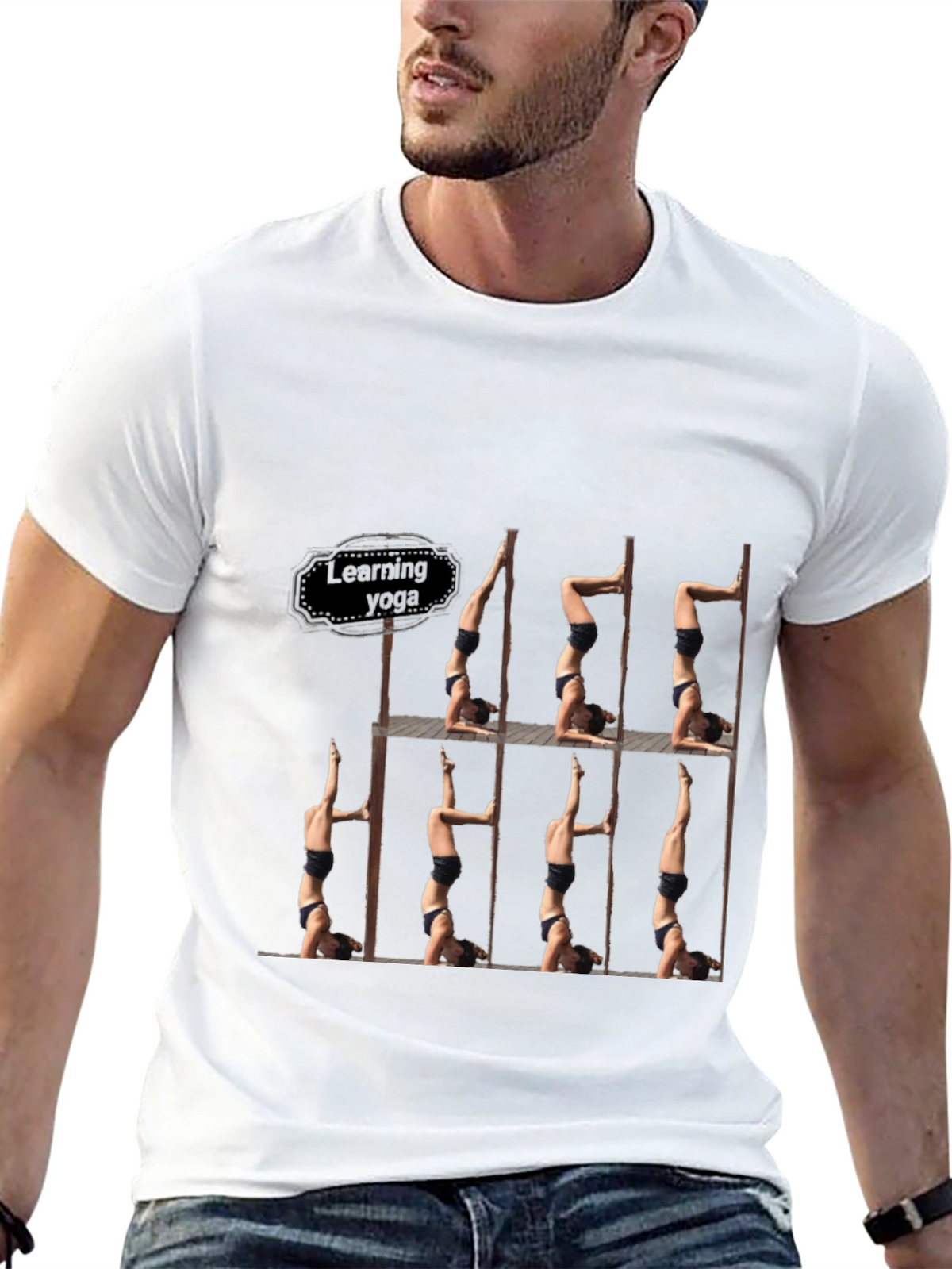 Learning Yoga Black T-Shirt - Headstand Pose