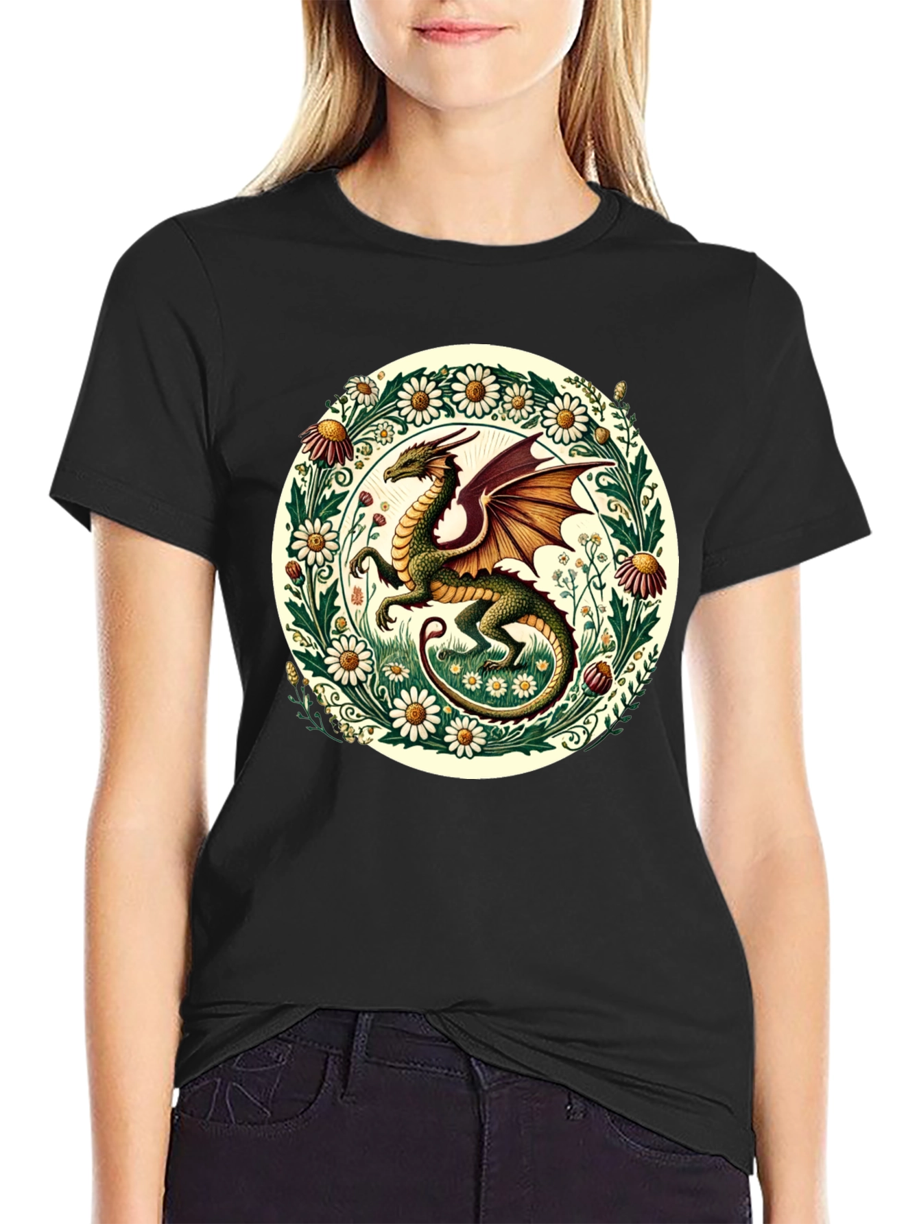 Dragon & Flowers Graphic Tee - Fantasy Style
