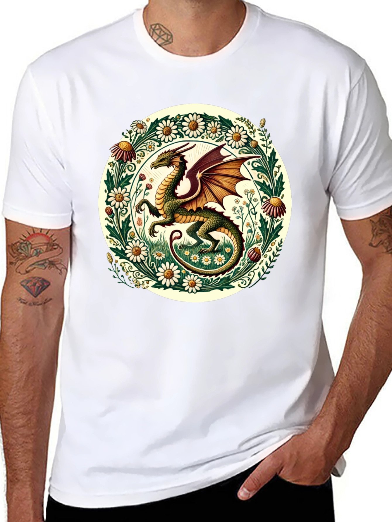 Dragon & Flowers Graphic Tee - Fantasy Style