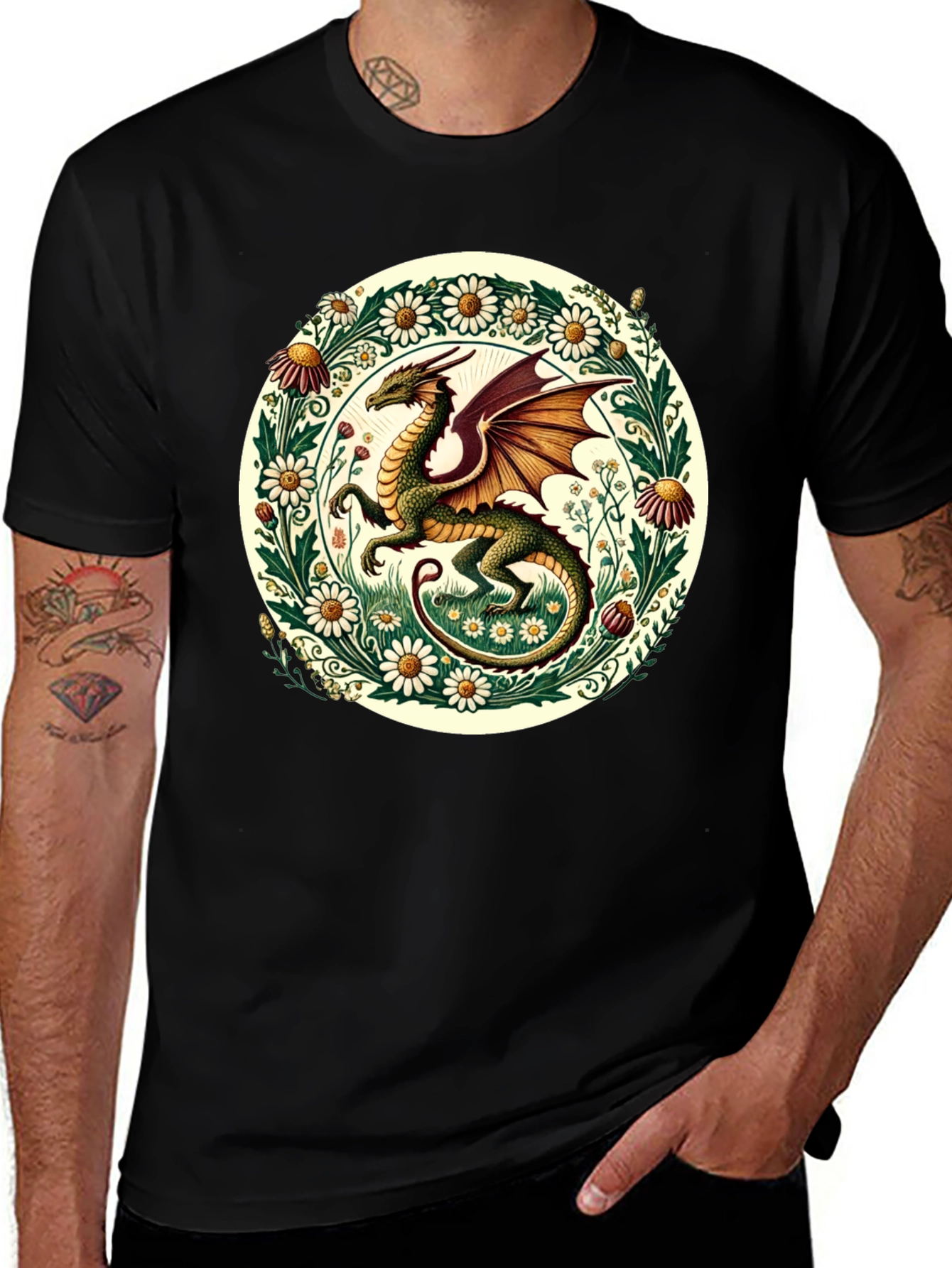 Dragon & Flowers Graphic Tee - Fantasy Style