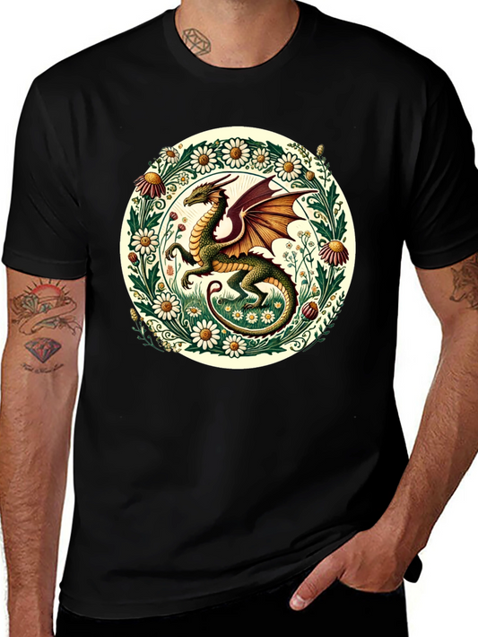 Dragon & Flowers Graphic Tee - Fantasy Style