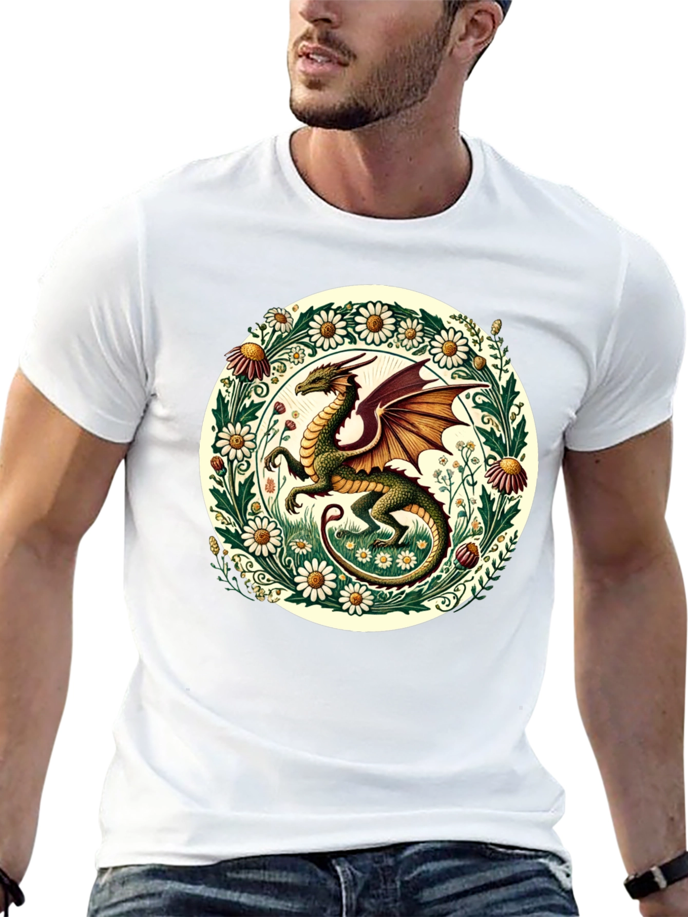 Dragon & Flowers Graphic Tee - Fantasy Style