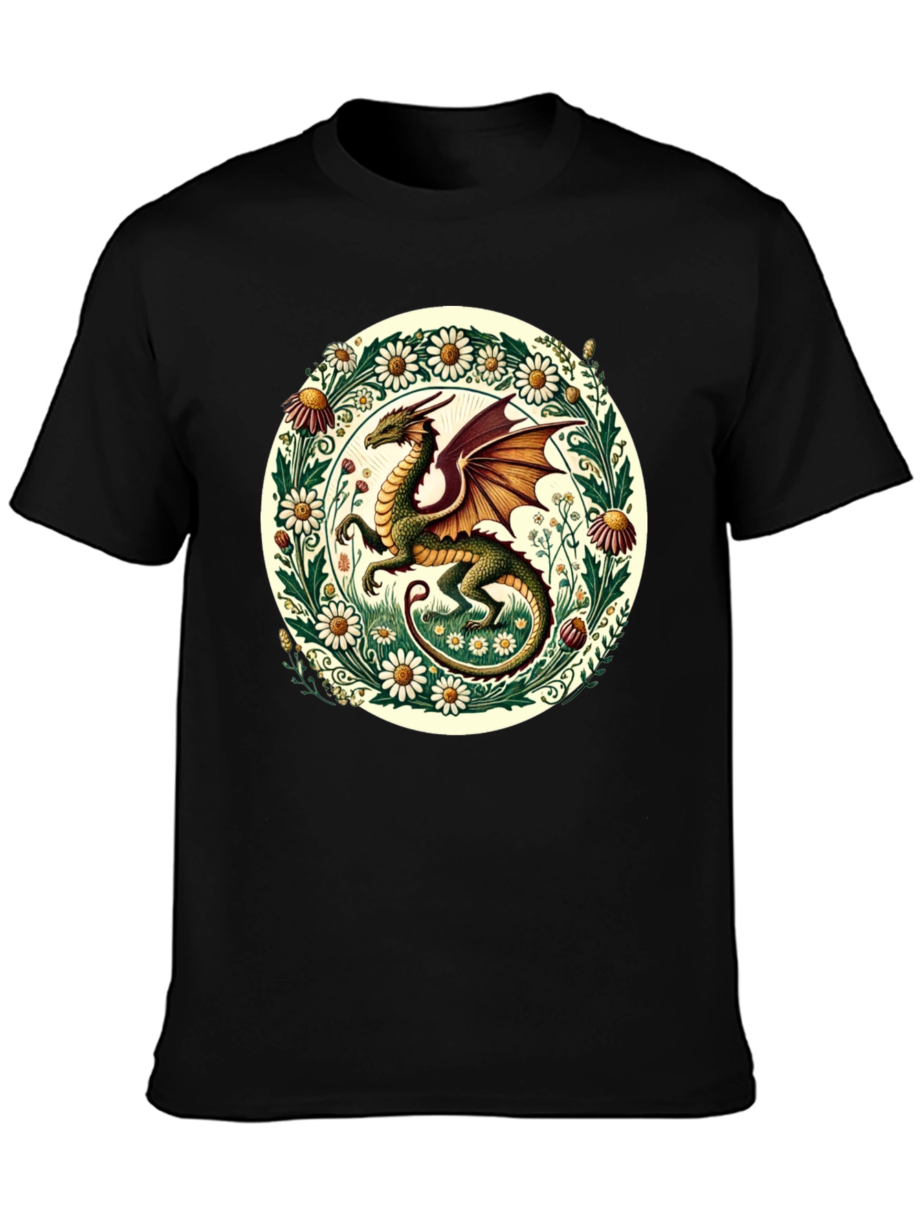 Dragon & Flowers Graphic Tee - Fantasy Style