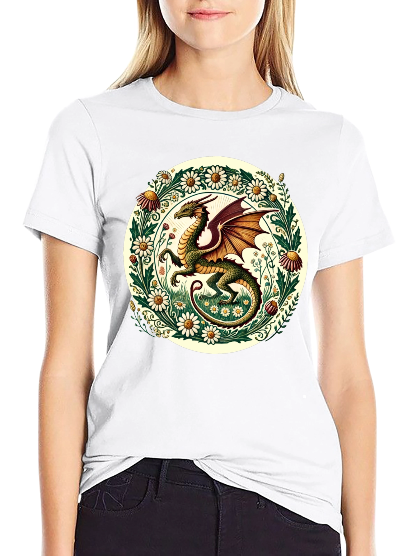 Dragon & Flowers Graphic Tee - Fantasy Style