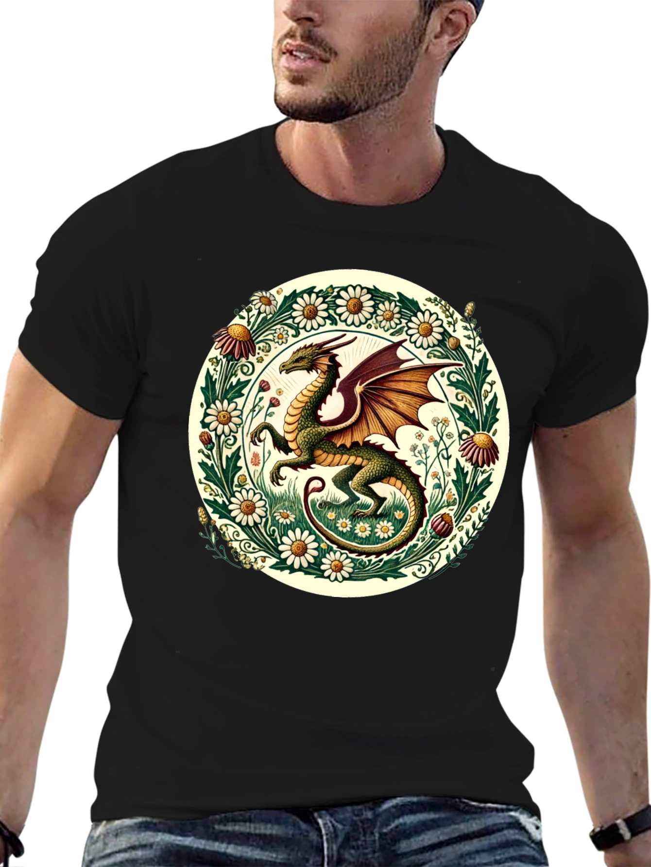Dragon & Flowers Graphic Tee - Fantasy Style