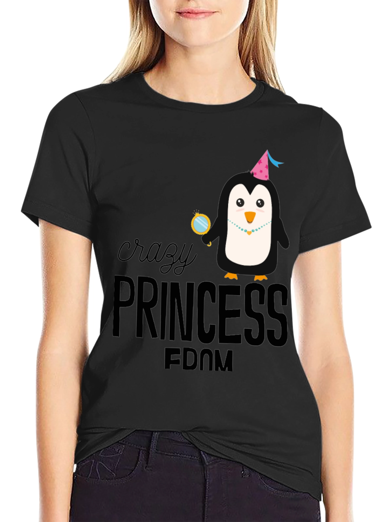 Crazy Princess Penguin T-Shirt - Black Cotton Tee