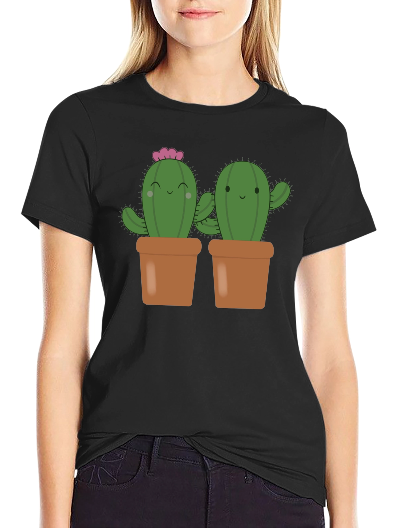 Cute Cactus in Pots Black T-Shirt