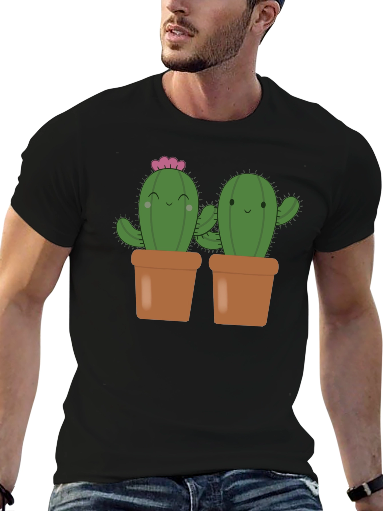 Cute Cactus in Pots Black T-Shirt