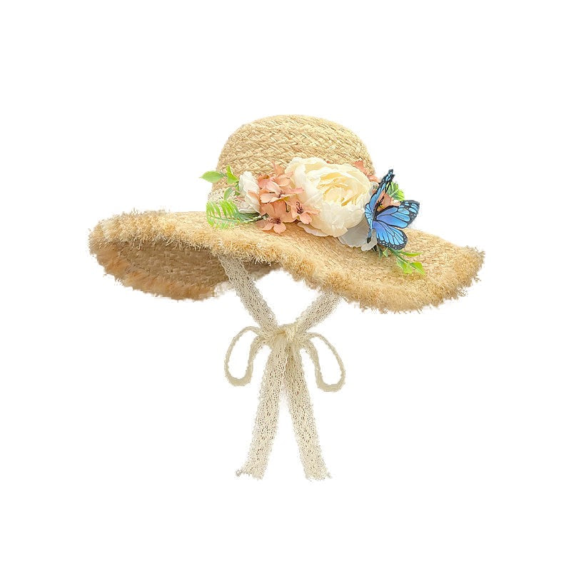 Women's Wide Brim Frayed Edge Raffia Straw Sun Hat with Floral and Butterfly Decoration, Tie Straps