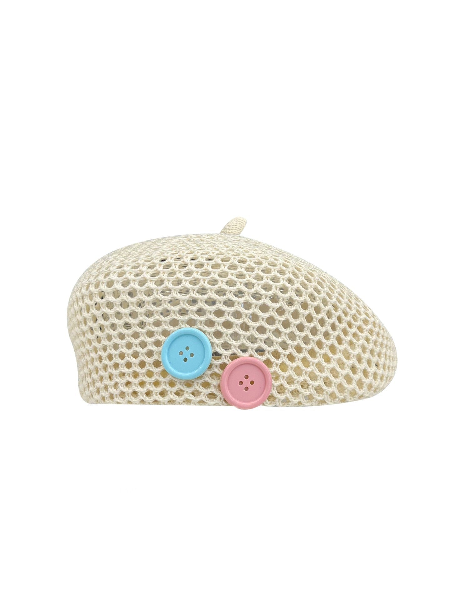 Women's Knitted Openwork Beret Hat with Decorative Buttons