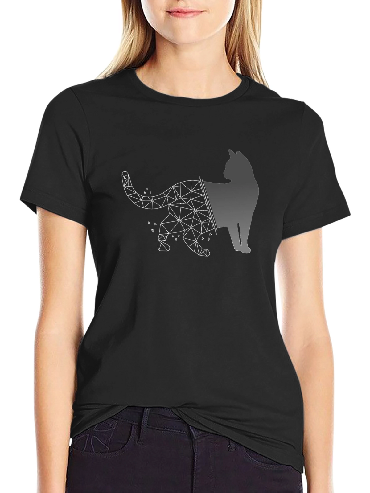 Geometric Cat Graphic Black T-Shirt