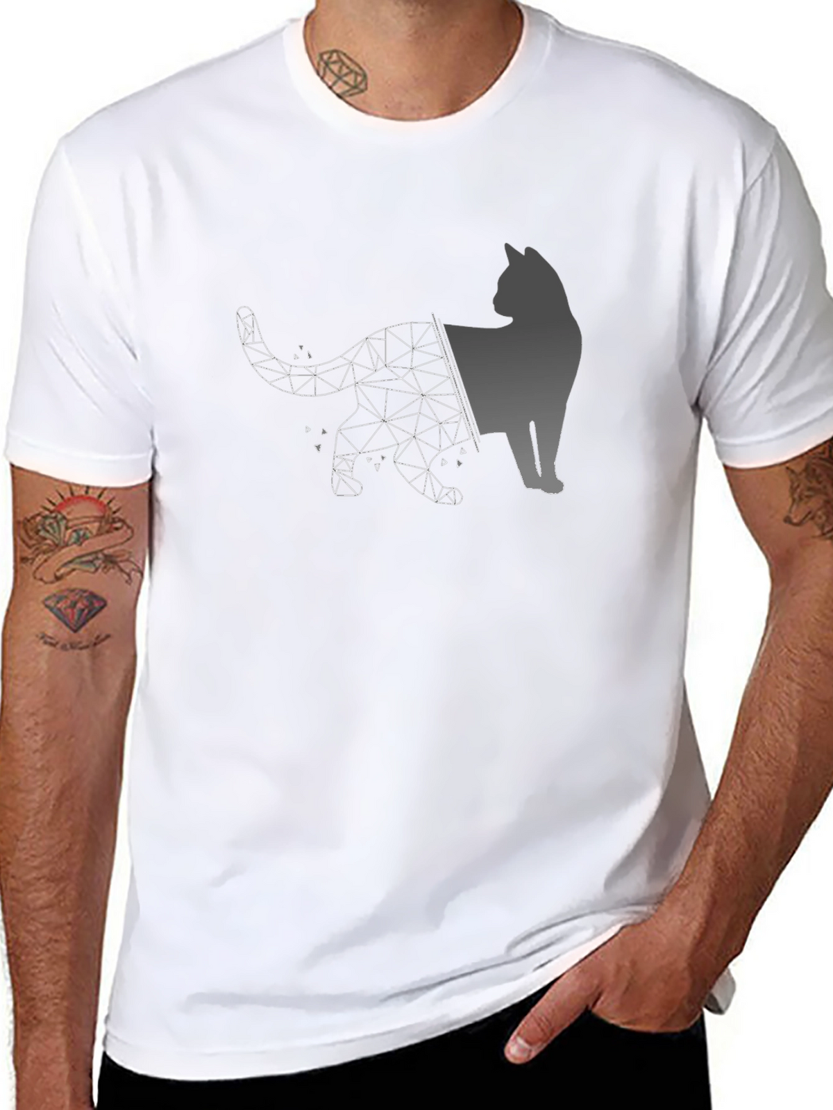 Geometric Cat Graphic Black T-Shirt