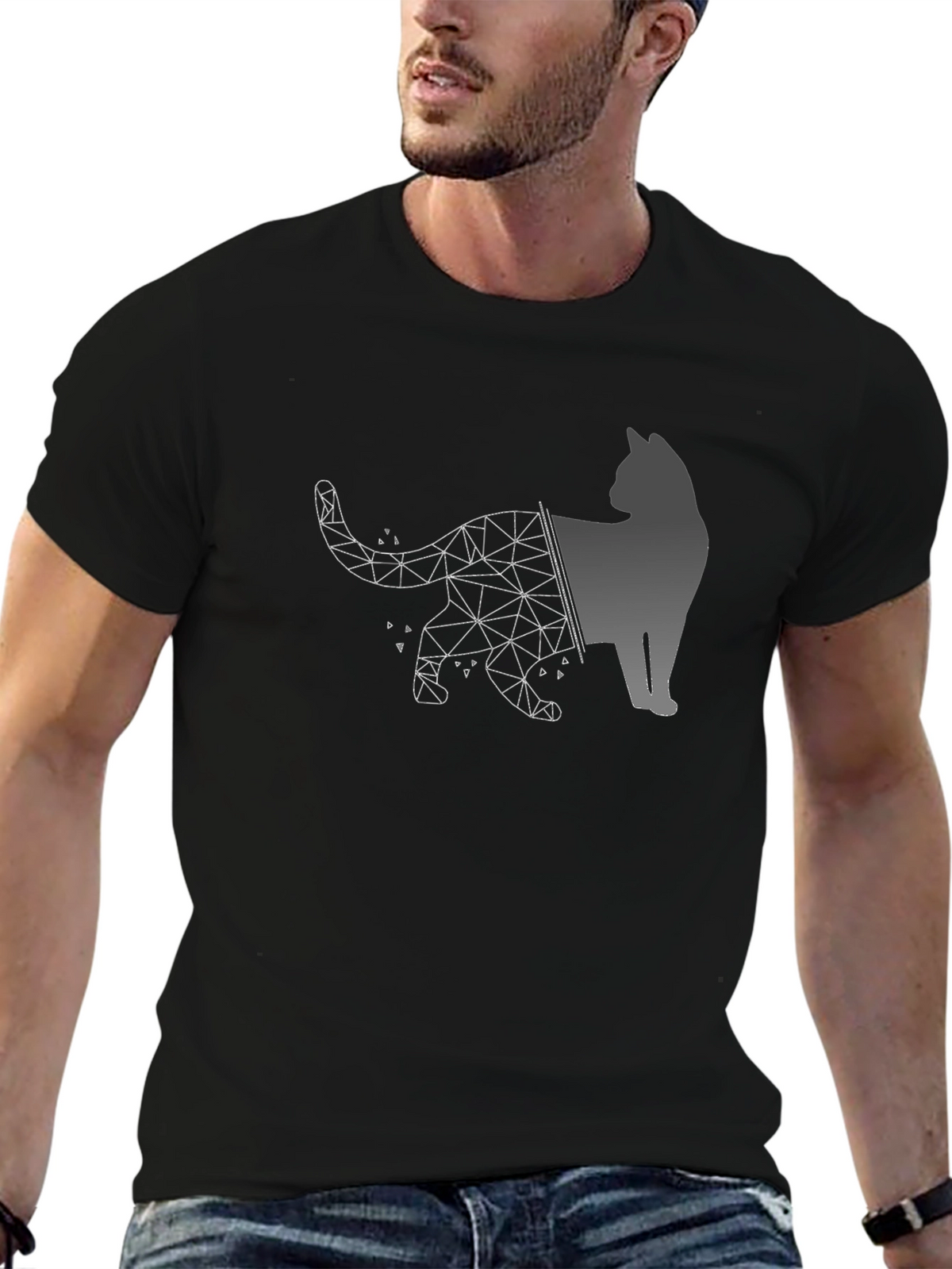 Geometric Cat Graphic Black T-Shirt