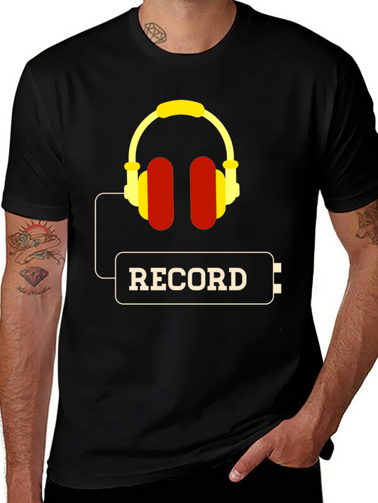 Record Headphones Graphic Tee - Black Cotton Comfort