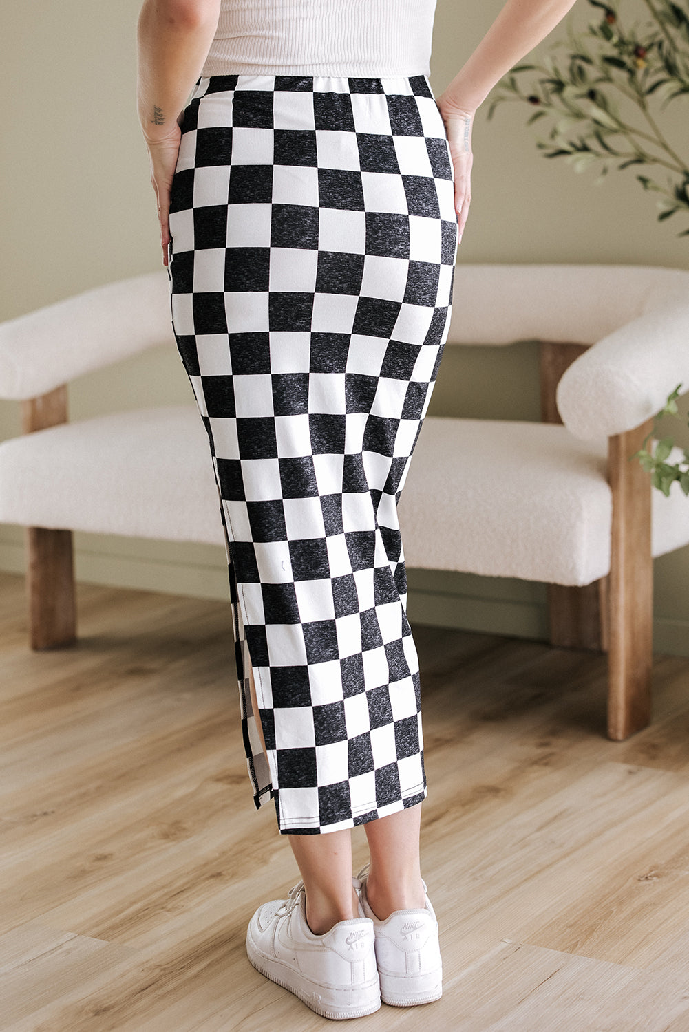 White Checkered Print Side Slit High Waist Midi Skirt