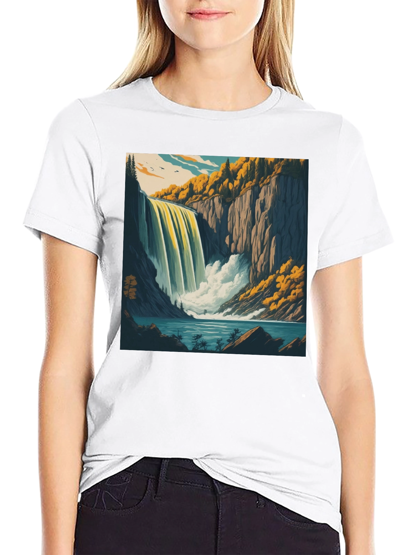 Waterfall Graphic Tee - Black Cotton Casual Shirt