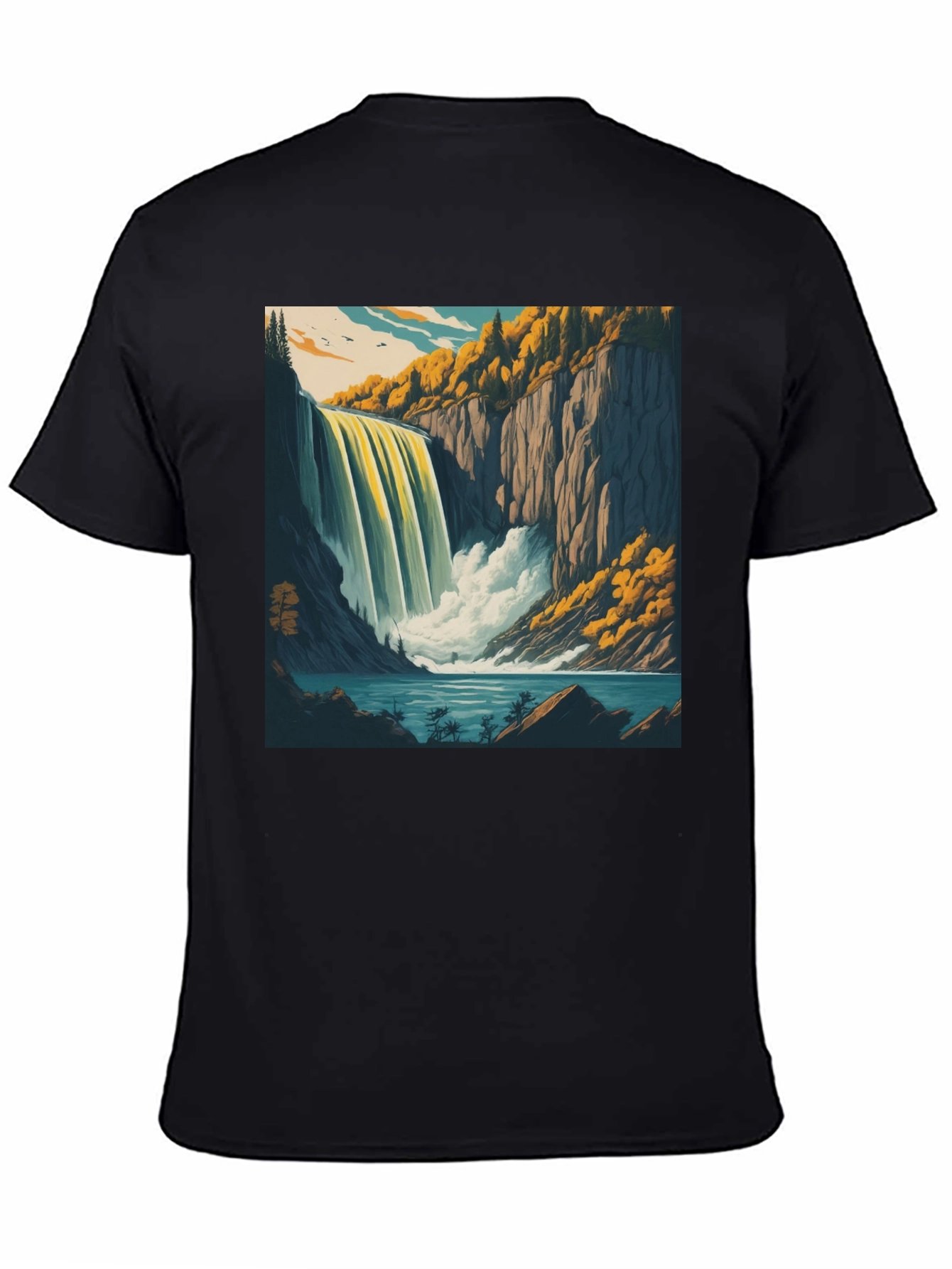 Waterfall Graphic Tee - Black Cotton Casual Shirt