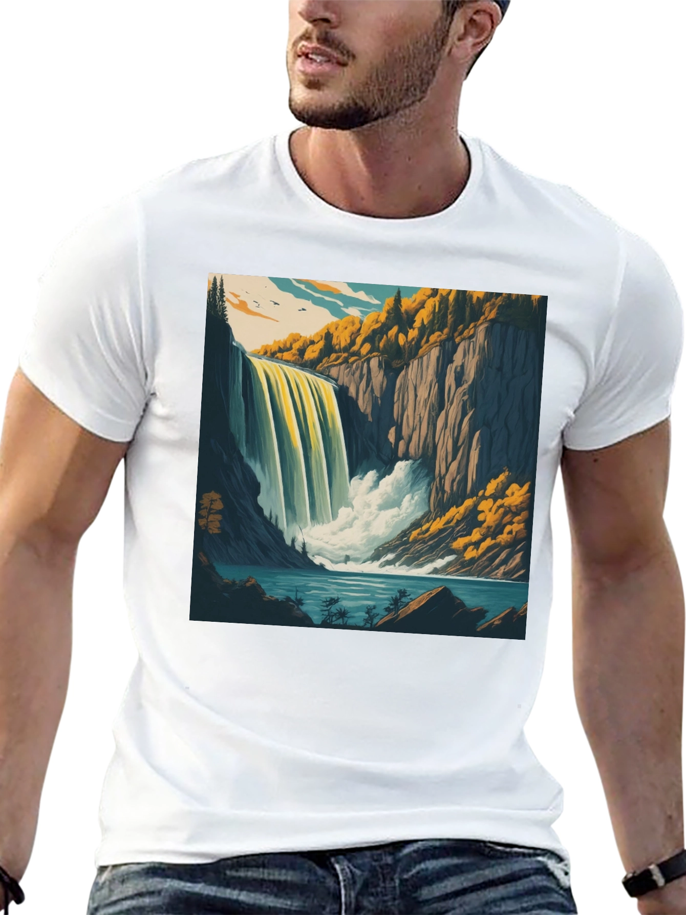Waterfall Graphic Tee - Black Cotton Casual Shirt