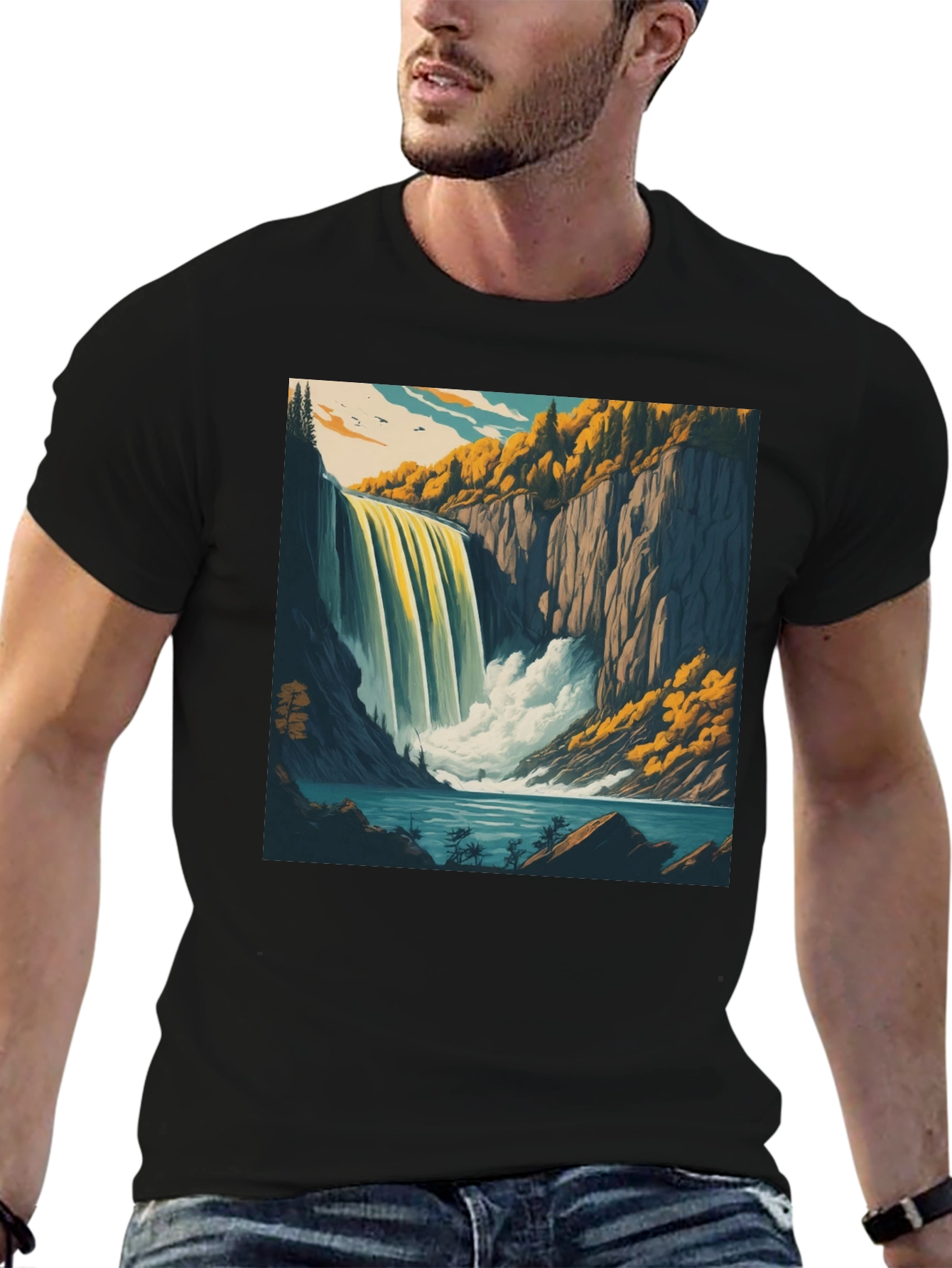 Waterfall Graphic Tee - Black Cotton Casual Shirt