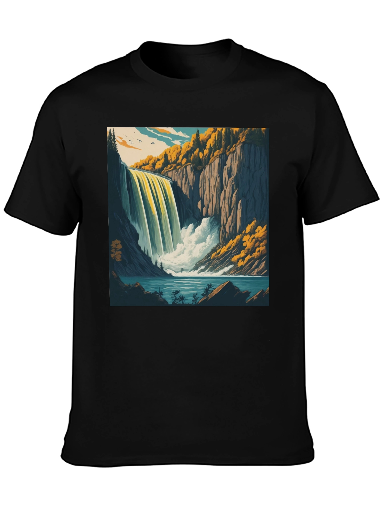 Waterfall Graphic Tee - Black Cotton Casual Shirt
