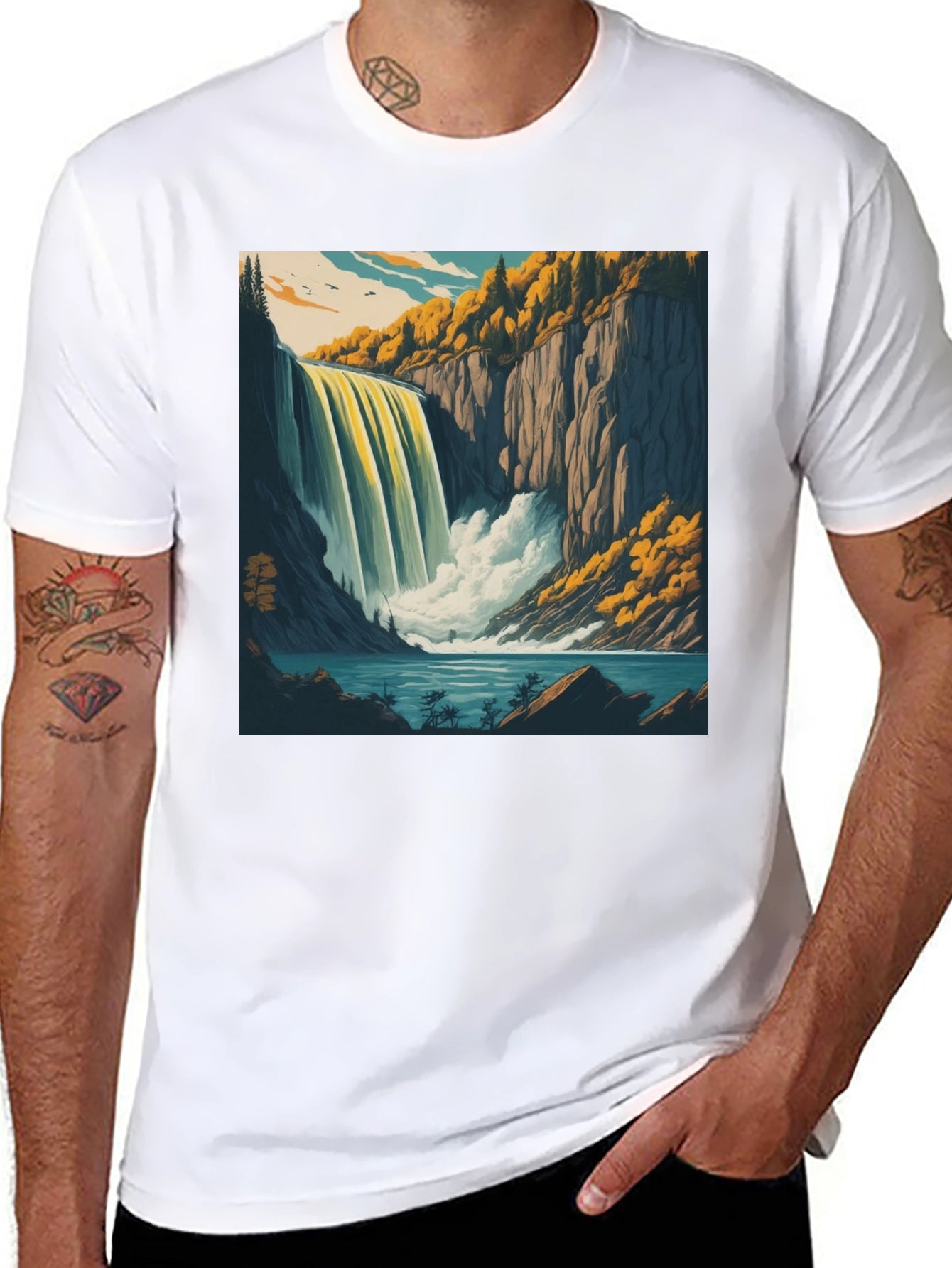 Waterfall Graphic Tee - Black Cotton Casual Shirt