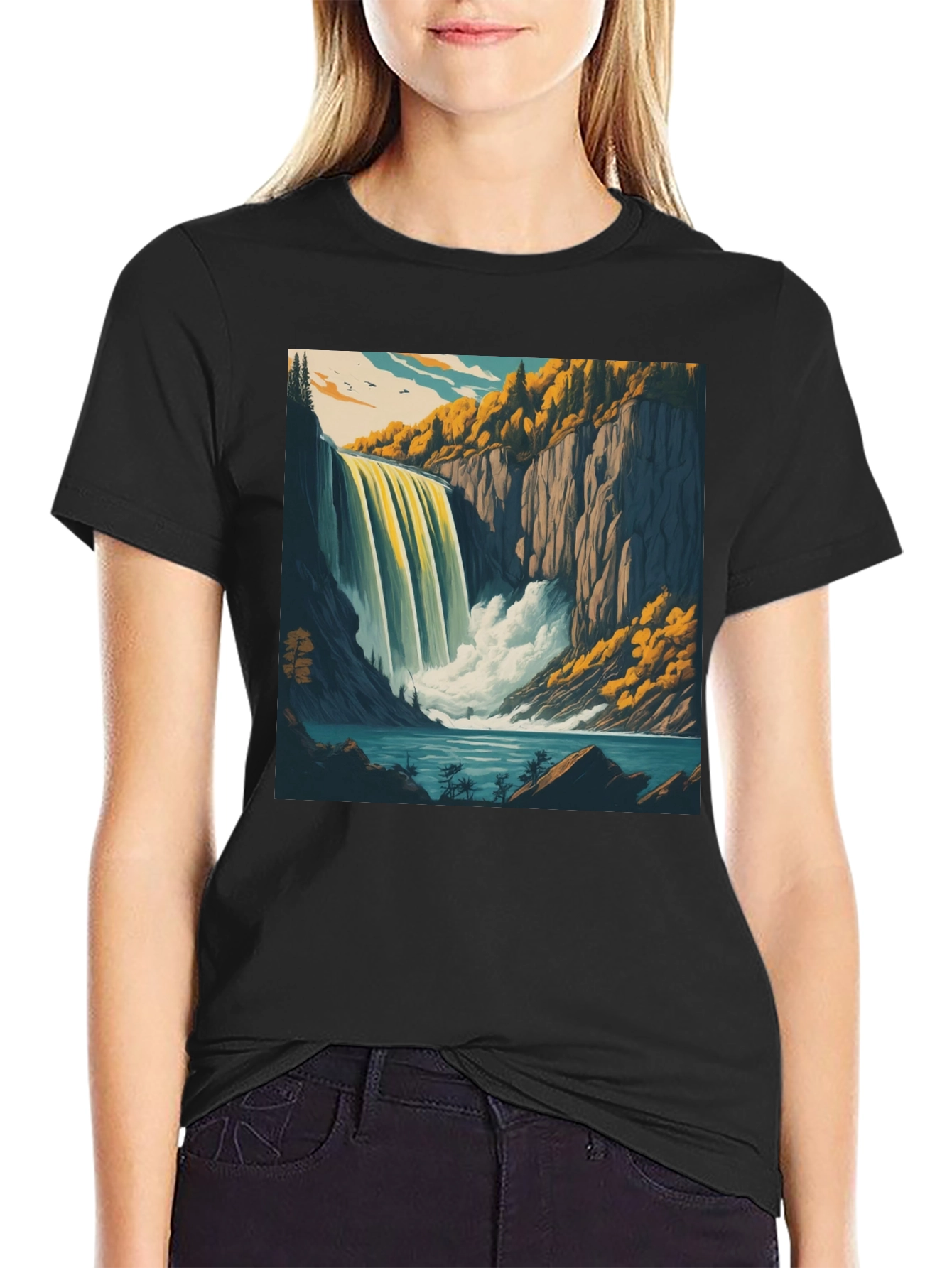 Waterfall Graphic Tee - Black Cotton Casual Shirt