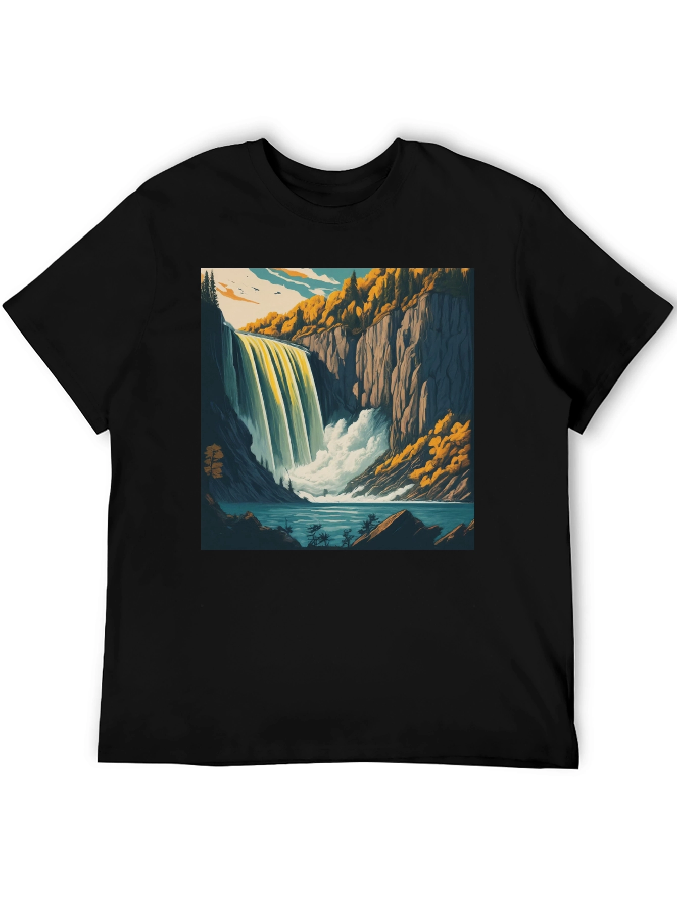 Waterfall Graphic Tee - Black Cotton Casual Shirt