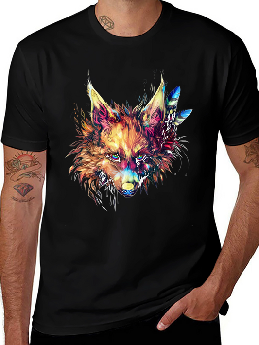 Colorful Wolf Graphic Print Crewneck T-Shirt