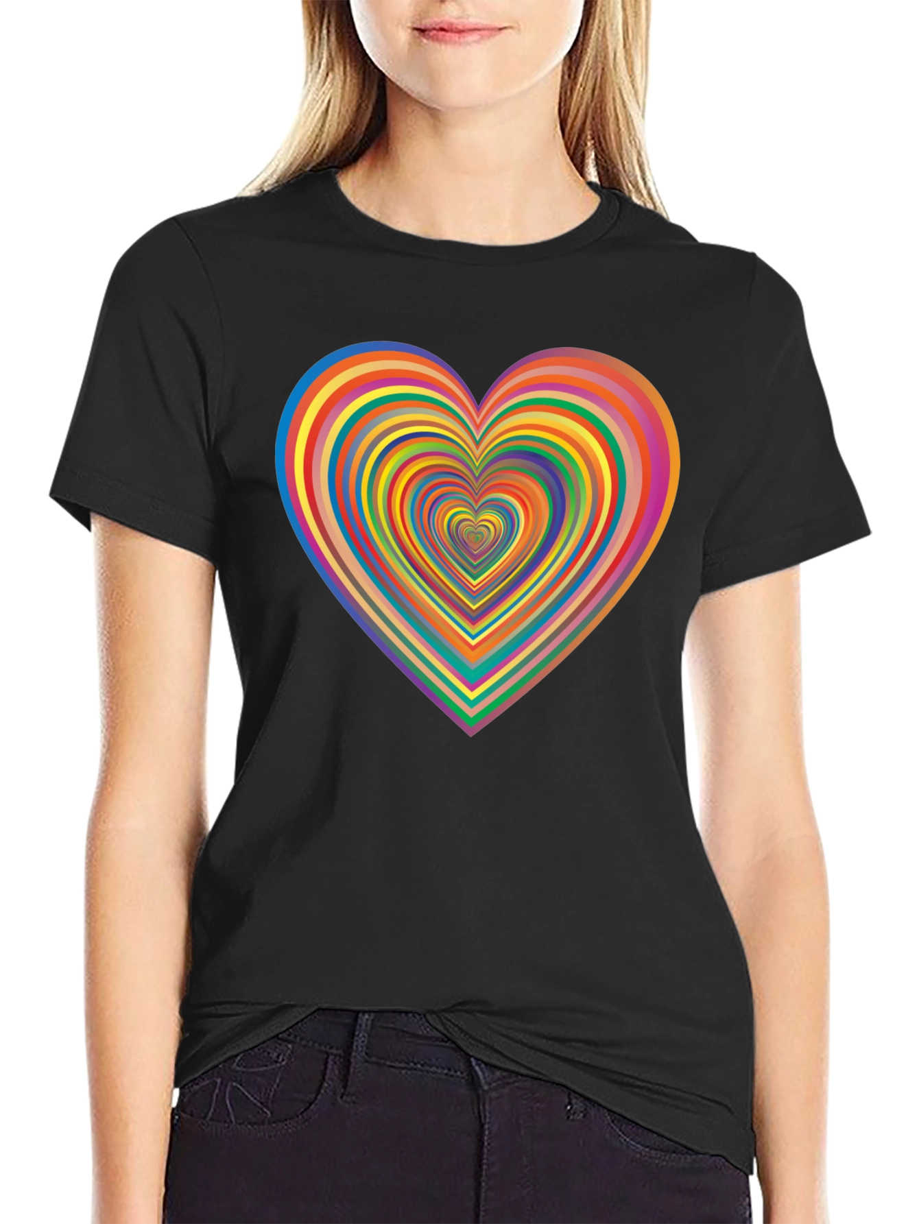 Rainbow Heart Graphic Tee - Black Casual T-Shirt