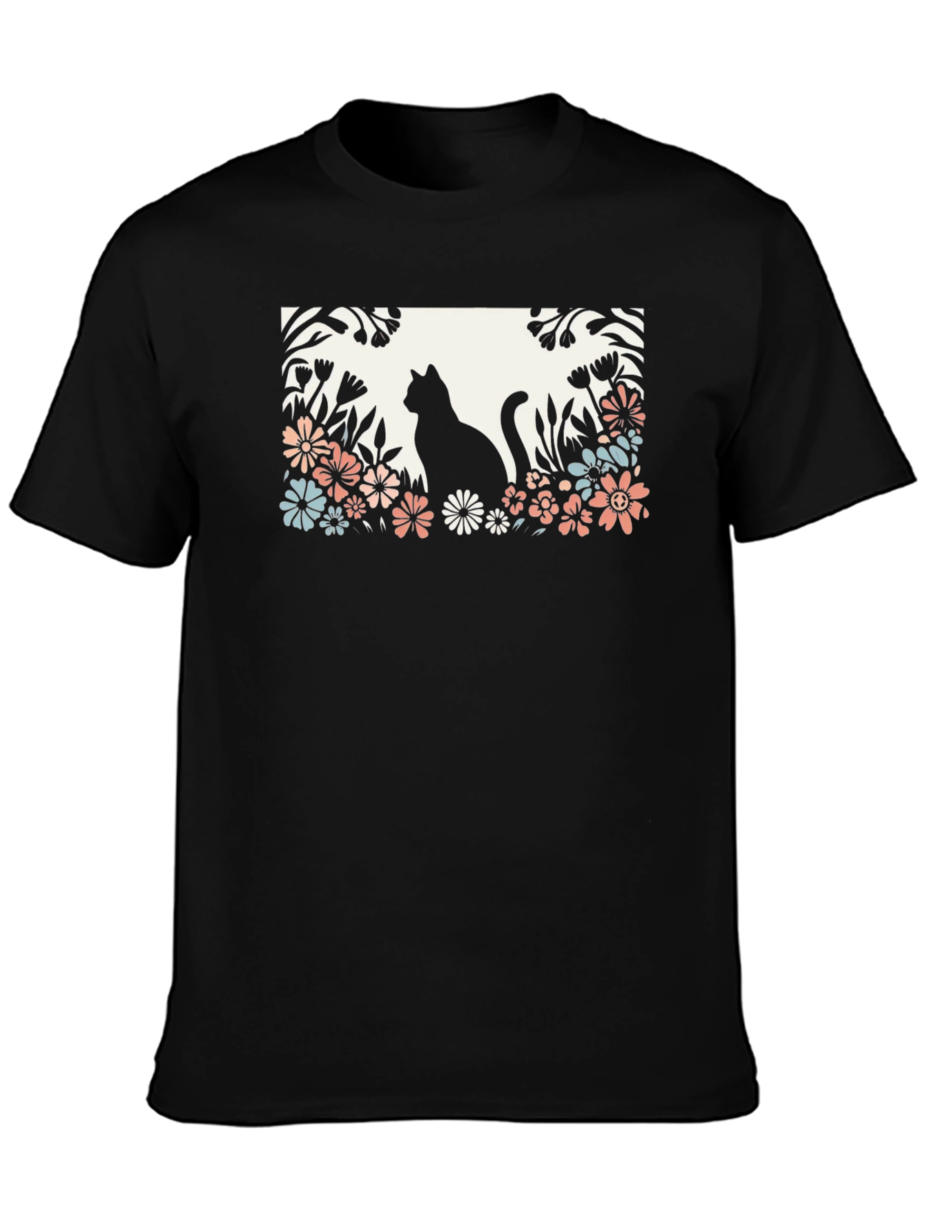 Cat in Flower Garden Black Graphic Tee