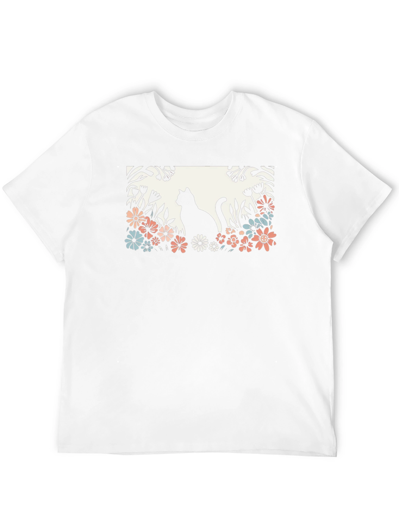 Cat in Flower Garden Black Graphic Tee