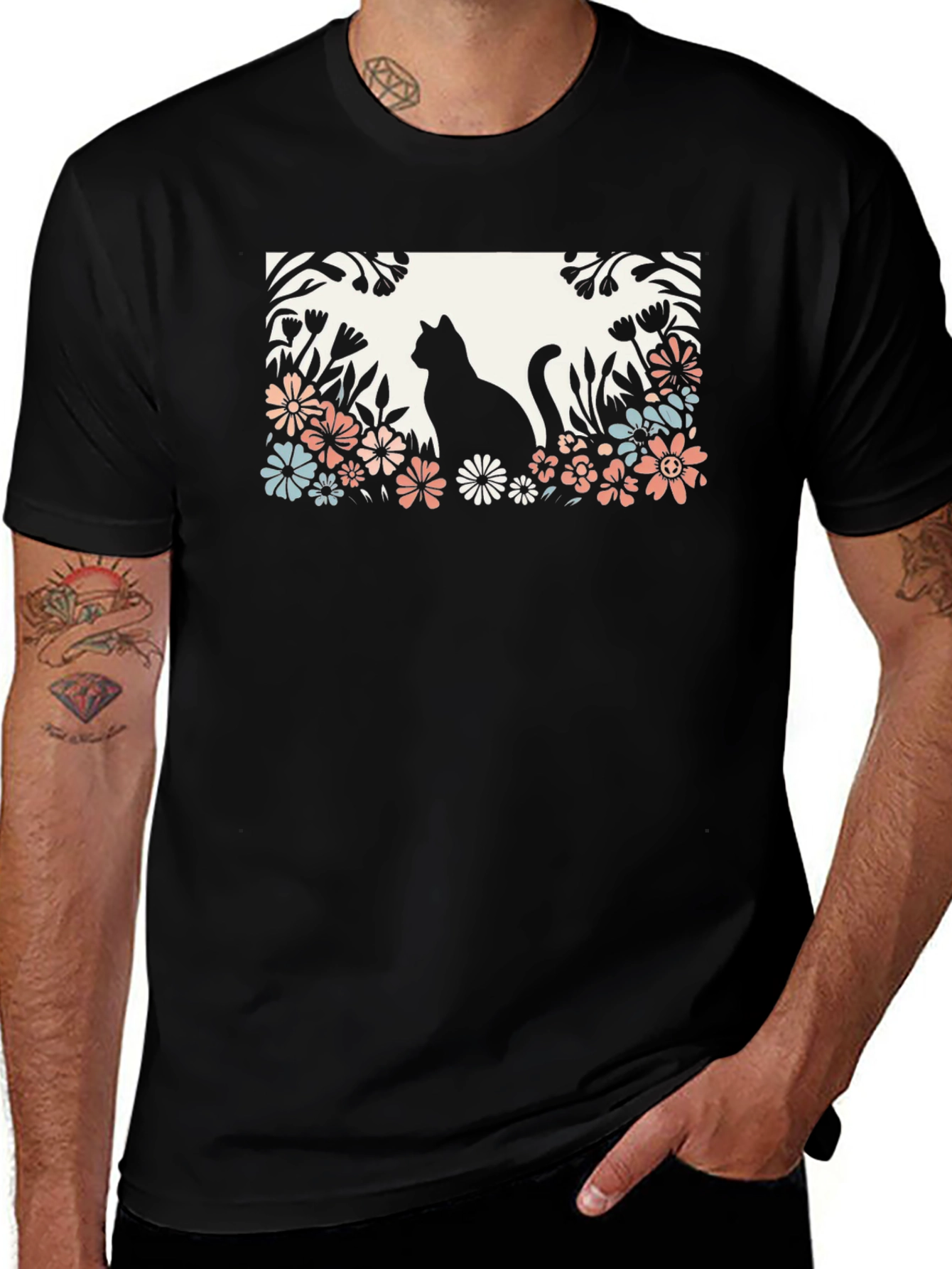 Cat in Flower Garden Black Graphic Tee