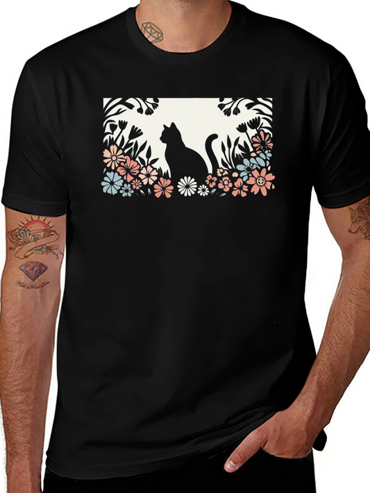 Cat in Flower Garden Black Graphic Tee