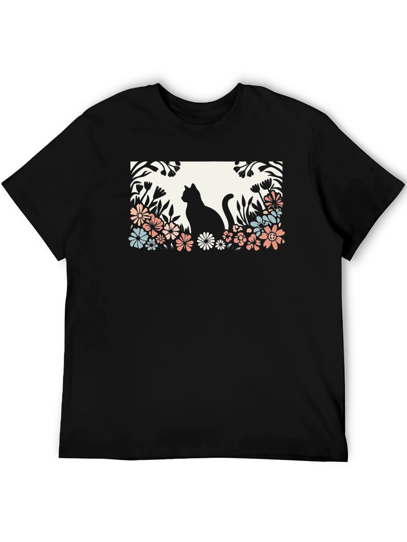Cat in Flower Garden Black Graphic Tee