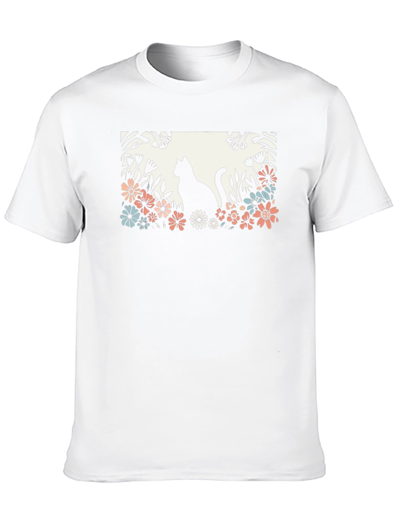 Cat in Flower Garden Black Graphic Tee